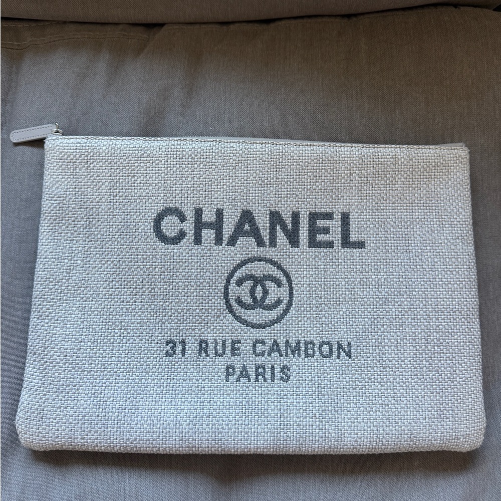 CHANEL Light Gray Canvas Clutch